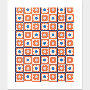 Retro Floral Checker Pattern Apricot Crush, Blue Posters and Art